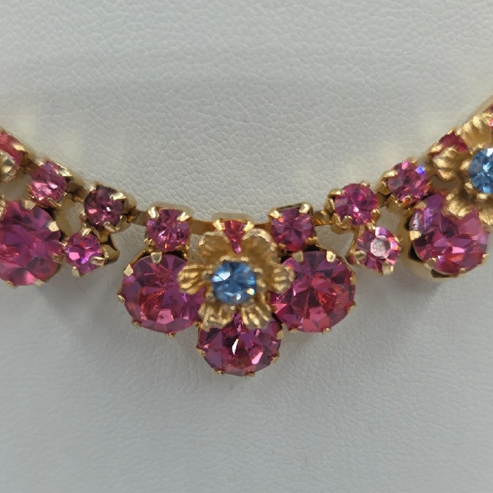 Elegant Pink and Blue Floral Necklace and Earring Set